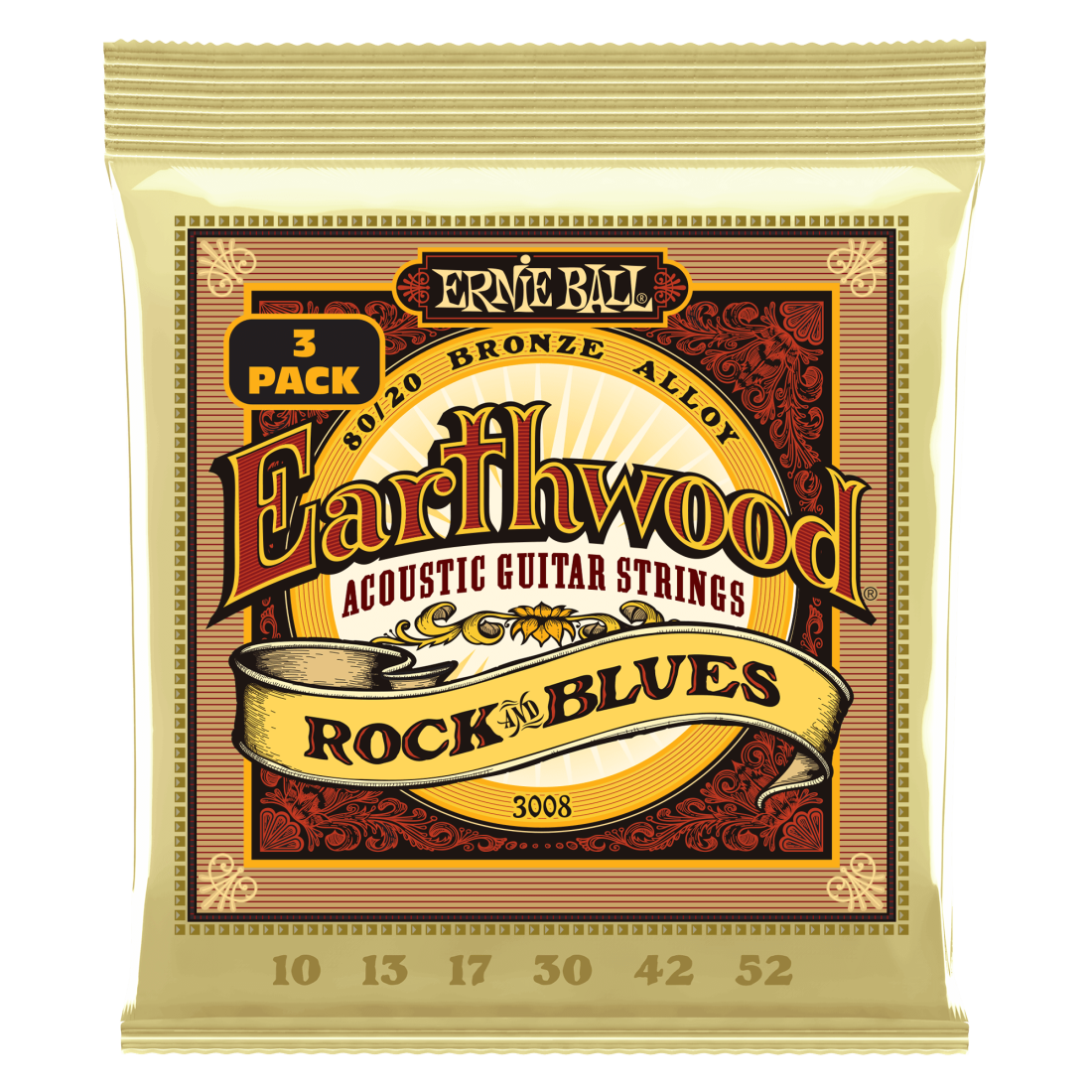 Earthwood Rock & Blues with Plain G 80/20 Acoustic Strings, 10-52 - 3 Pack