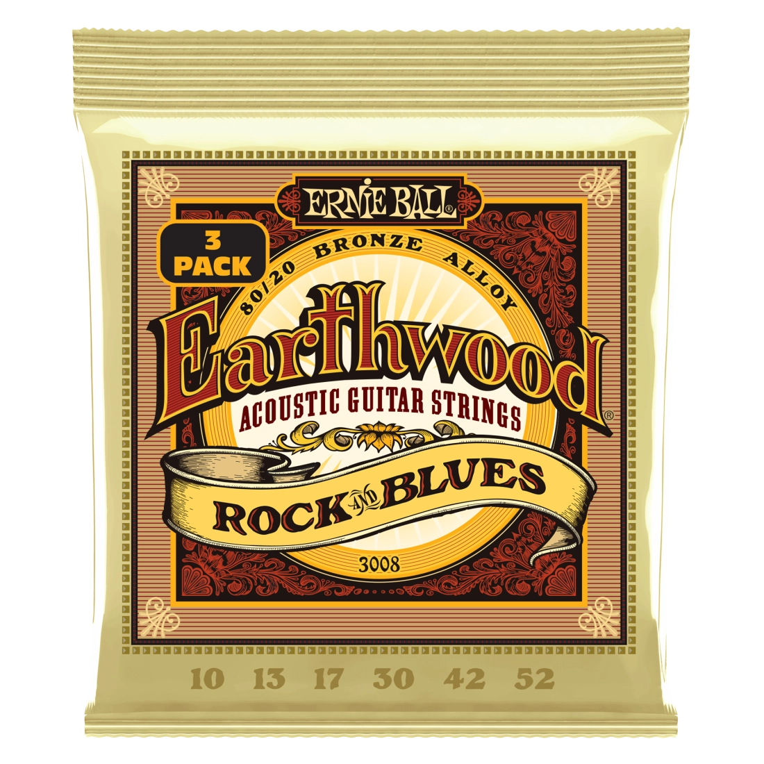 Earthwood Rock & Blues with Plain G 80/20 Acoustic Strings, 10-52 - 3 Pack