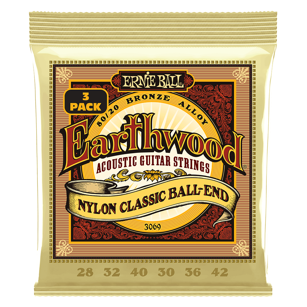 Earthwood Folk Nylon, Clear & Gold w/Ball End 80/20 Bronze Acoustic Strings, 28-42 - 3 Pack