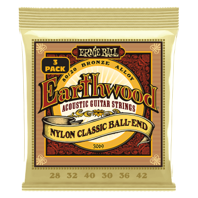 Ernie Ball - Earthwood Folk Nylon, Clear & Gold w/Ball End 80/20 Bronze Acoustic Strings, 28-42 - 3 Pack