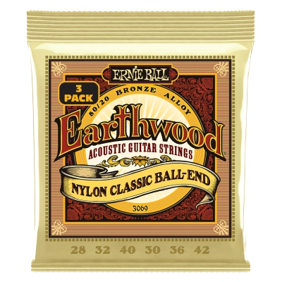 Ernie Ball - Earthwood Folk Nylon, Clear & Gold w/Ball End 80/20 Bronze Acoustic Strings, 28-42 - 3 Pack