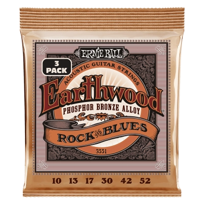 Ernie Ball - Earthwood Rock & Blues with Plain G Phosphor Bronze Acoustic Strings, 10-52 - 3 Pack