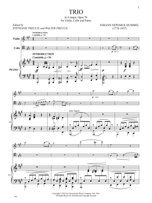 Trio in A major, Op. 78 - Hummel/Preucil - Piano Trio - Parts Set