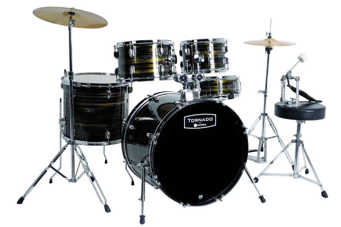 Tornado Limited Edition 5-Piece Drum Kit (22,10,12,16,SD) with Cymbals and Hardware - Ebony Yellow Grain