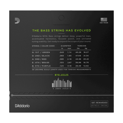 NYXL 5-String Bass Set, Long Scale, Light Top/Medium Bottom - 45-125