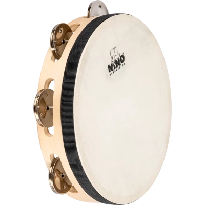 Nino Percussion - Tambourin en bois avec peau et une range de cymbalettes (8pouces)