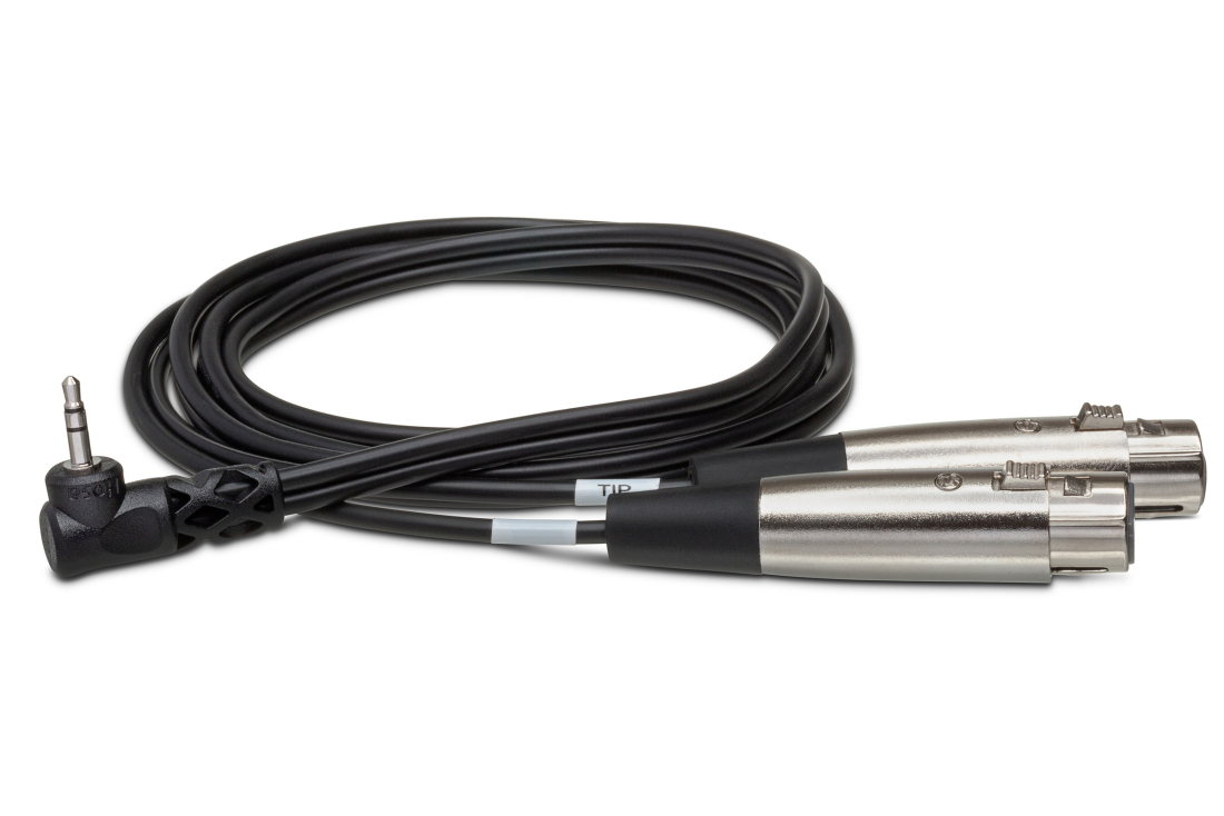 Camcorder Microphone Cable, Dual XLR3F to Right-angle 3.5 mm TRS, 2 ft