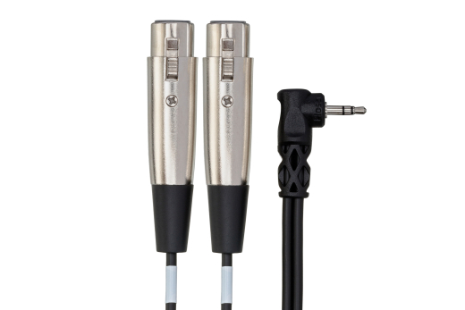 Camcorder Microphone Cable, Dual XLR3F to Right-angle 3.5 mm TRS, 2 ft