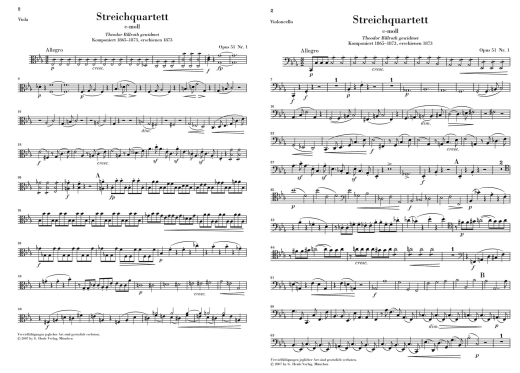 String Quartets, Op. 51, No. 1 in C minor & No. 2 in A minor - Brahms/Reiser - String Quartets - Parts Set
