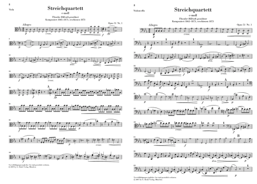 String Quartets, Op. 51, No. 1 in C minor & No. 2 in A minor - Brahms/Reiser - String Quartets - Parts Set