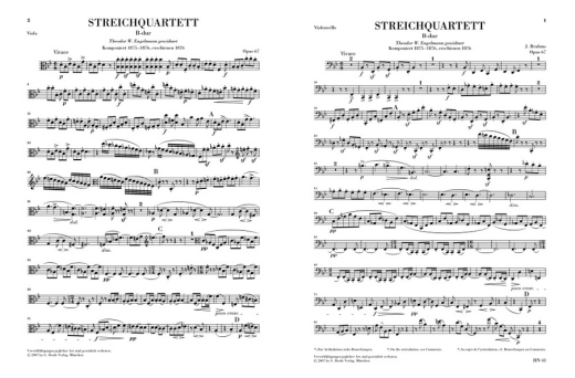 String Quartet in B-flat Major, Op. 67 - Brahms/Reiser - String Quartet - Parts Set
