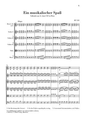 Ein Musikalischer Spass [A Musical Joke] K. 522 for 2 Violins, Viola, Basso and 2 Horns in F - Mozart/Loy - Study Score - Book