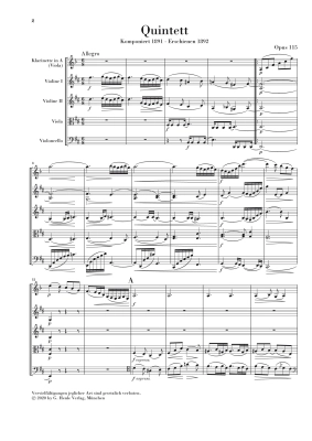 Clarinet Quintet in B minor op. 115 for Clarinet (A), 2 Violins, Viola and Violoncello - Brahms/Kirsch - Study Score - Book