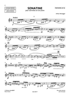 Sonatine - Honegger - Clarinet in A/Piano - Book