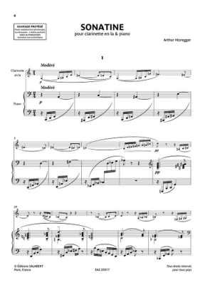 Sonatine - Honegger - Clarinet in A/Piano - Book