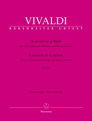 Baerenreiter Verlag - Concerto for two Violoncellos, Strings and Basso continuo in G minor RV 531 - Vivaldi/Schelhaas - 2 Cellos/Piano Reduction - Parts Set