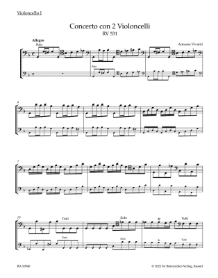 Concerto for two Violoncellos, Strings and Basso continuo in G minor RV 531 - Vivaldi/Schelhaas - 2 Cellos/Piano Reduction - Parts Set