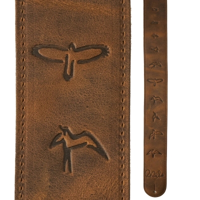 Distressed Brown Leather Guitar Strap - Birds