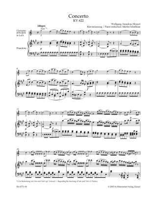 Concerto for Clarinet and Orchestra in A major K. 622 - Mozart/Schelhaas - Clarinet/Piano - Sheet Music