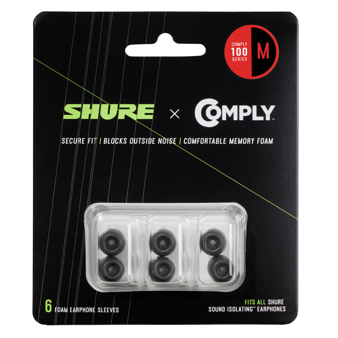 100-Series Comply Black Foam Sleeves for Shure Earphones - 6 Pack (Medium)
