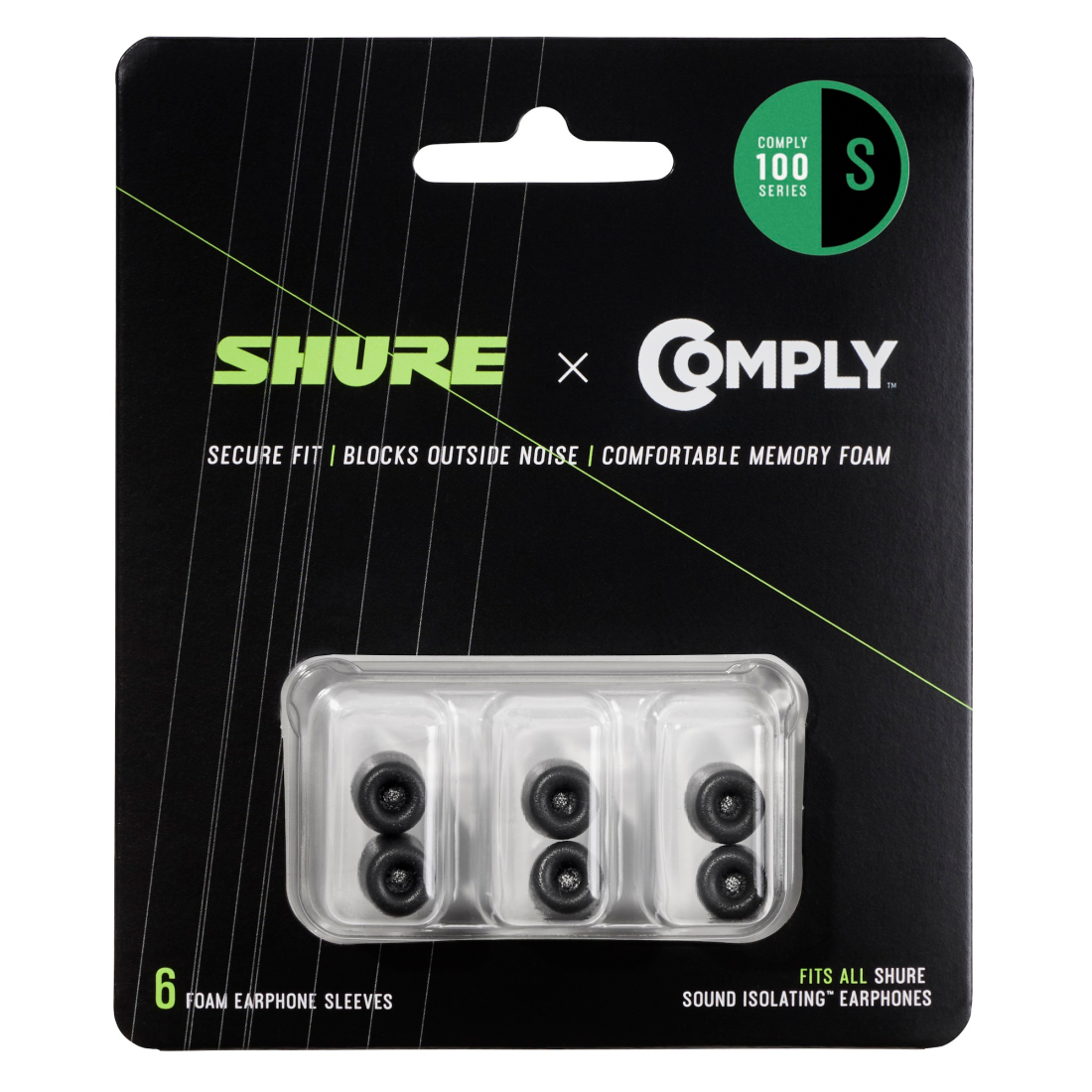 100-Series Comply Black Foam Sleeves for Shure Earphones - 6 Pack (Small)