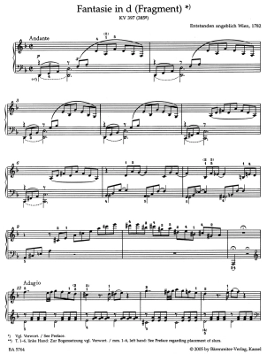 Fantasy in D minor K. 397 (385g) - Mozart /Plath /Kirschnereit - Piano - Sheet Music