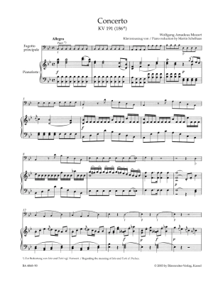 Concerto in B-flat major K. 191(186e) - Mozart/Giegling - Bassoon/Piano Reduction - Sheet Music