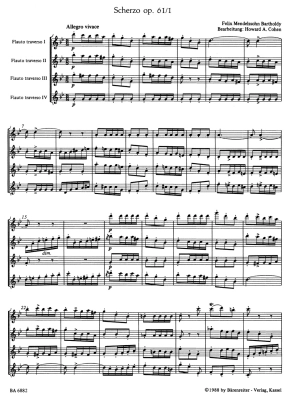 Scherzo from the incidental music to \'\'A Midsummer Night\'s Dream\'\' op. 61/1 - Mendelssohn/Cohen - 4 Flutes - Score/Parts