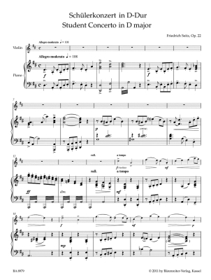 Concerto in D major op. 22 - Seitz/Sassmannshaus - Violin/Piano - Book