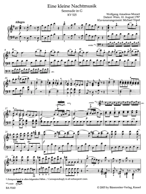 Serenade in G major \'\'Eine kleine Nachtmusik\'\' K. 525 - Mozart/Topel - Piano Arrangement - Book