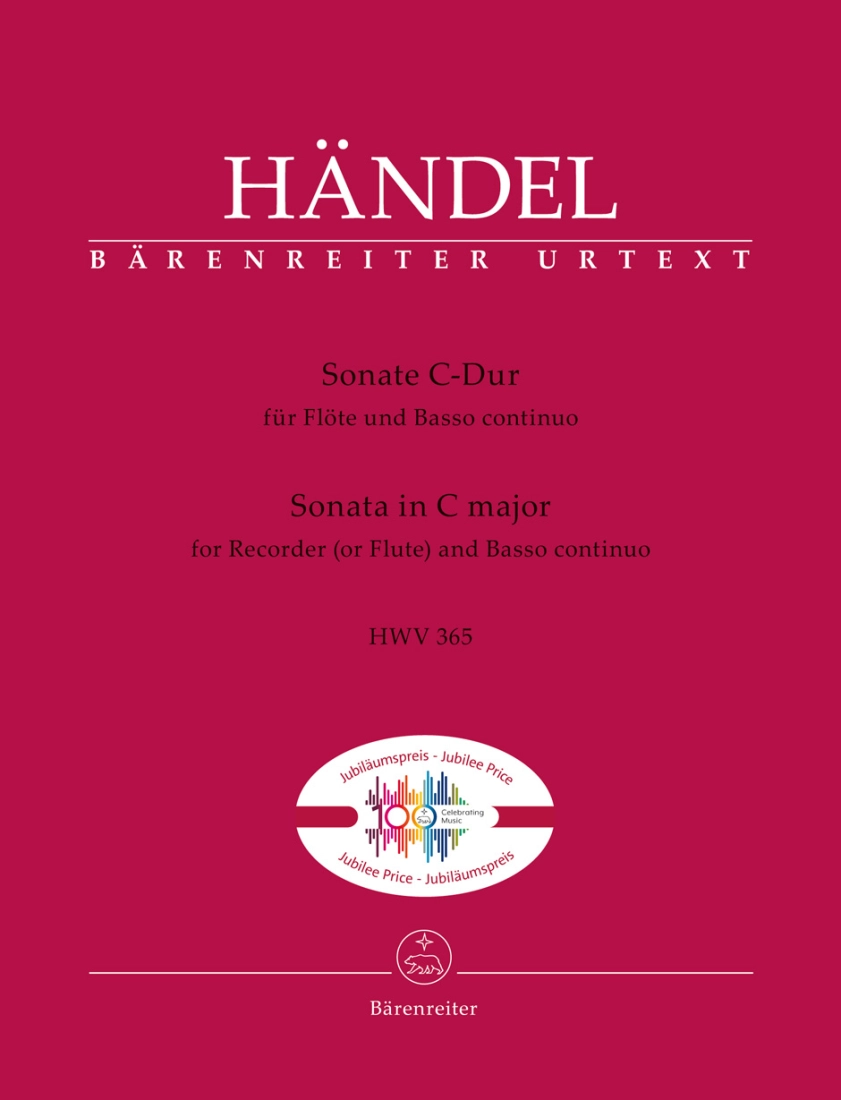 Sonata in C major (HWV 365) (Jubilee Edition) - Handel/Schmitz/Best - Flute/Basso Continuo - Book