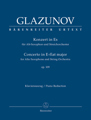 Baerenreiter Verlag - Concerto in E-flat major op. 109 - Glazunov/Back/Woodfull-Harris - Alto Saxophone/Piano Reduction - Book