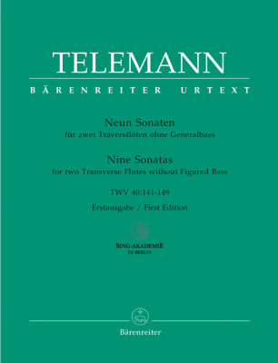 Baerenreiter Verlag - Nine Sonatas TWV 40:141-149 (First Edition) - Telemann/Reipsch - 2 Flutes without Figured Bass - Book
