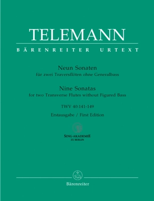 Baerenreiter Verlag - Nine Sonatas TWV 40:141-149 (First Edition) - Telemann/Reipsch - 2 Flutes without Figured Bass - Book