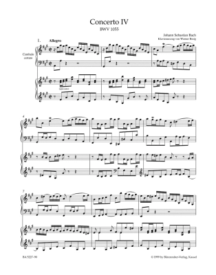 Concerto for Harpsichord and Strings no. 4 in A major BWV 1055 - Bach/Breig - Piano/Piano Reduction (2 Pianos, 4 Hands)