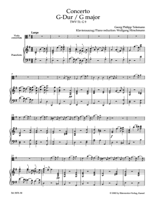 Concerto for Viola, Strings and Basso continuo in G major TWV 51:G9 - Telemann/Hirschmann - Viola/Piano Reduction - Sheet Music
