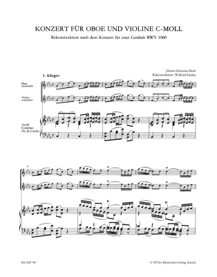 Concerto for Oboe, Violin, Strings and Basso Continuo in C minor - Bach/Fischer - Oboe/Violin/Piano Reduction - Parts