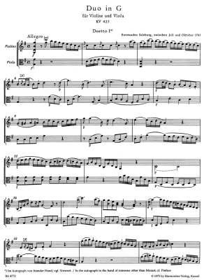 Duets for Violin and Viola K. 423, 424 - Mozart/Berke - Violin/Viola - Score/Parts