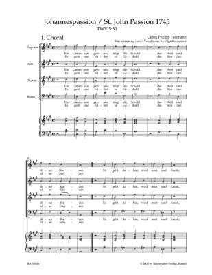 St. John Passion TWV 5:30 \'\'Ein Lammlein geht und tragt die Schuld\'\', 1745 - Telemann/Hirschmann - Vocal Score - Book