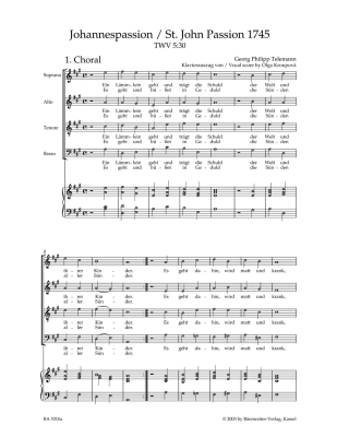 St. John Passion TWV 5:30 \'\'Ein Lammlein geht und tragt die Schuld\'\', 1745 - Telemann/Hirschmann - Vocal Score - Book