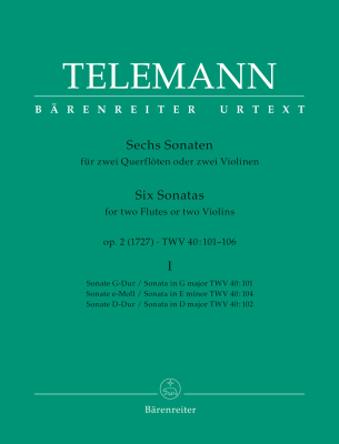 Baerenreiter Verlag - Six Sonatas op. 2 TWV 40: 101, 102, 104, Volume I - Telemann/Hausswald - 2 Flutes or 2 Violins - Book