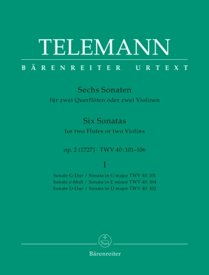 Baerenreiter Verlag - Six Sonatas op. 2 TWV 40: 101, 102, 104, Volume I - Telemann/Hausswald - 2 Flutes or 2 Violins - Book
