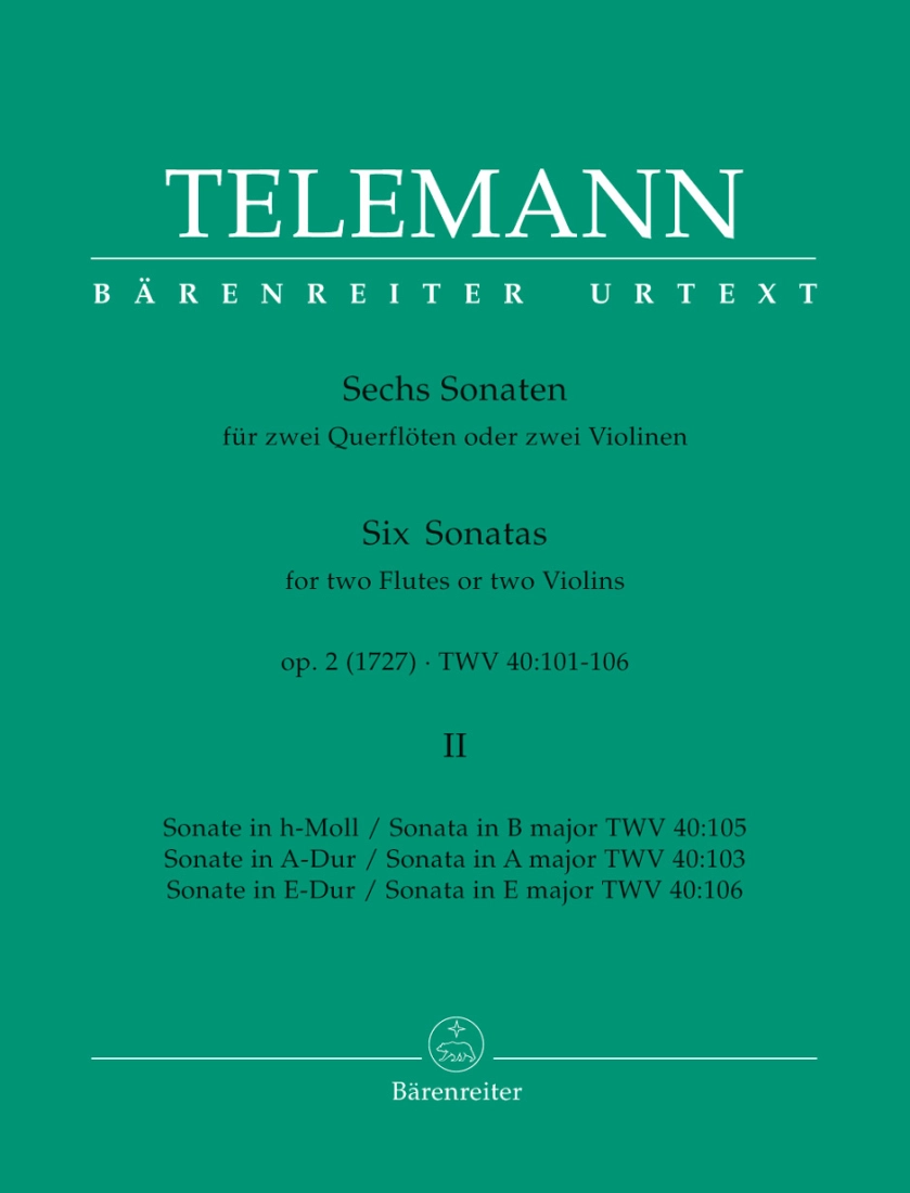 Six Sonatas op. 2 TWV 40: 103, 105, 106, Volume I - Telemann/Hausswald - 2 Flutes or 2 Violins - Book