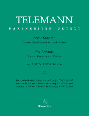 Baerenreiter Verlag - Six Sonatas op. 2 TWV 40: 103, 105, 106, Volume I - Telemann/Hausswald - 2 Flutes or 2 Violins - Book