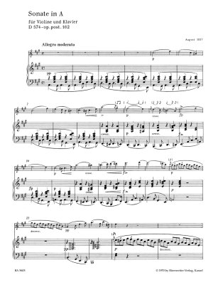 Sonata in A major op. post.162 D 574 - Schubert/Wirth - Violin/Piano - Book