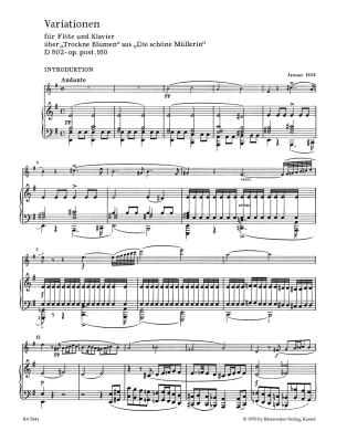 Variations on \'\'Trockne Blumen\'\' op. post.160 D 802, from \'\'Die schone Mullerin\'\' - Schubert/Wirth/Adorjan - Flute/Piano - Score/Part