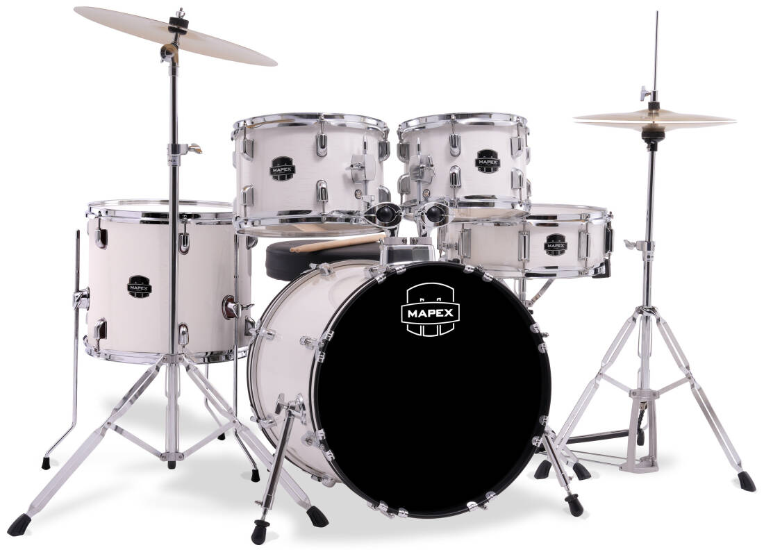 Limited Edition Venus 5-Piece Drum Kit (22,10,12,16,SD) with Cymbals and Hardware - White Thin Grain