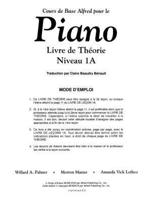 Alfred\'s Basic Piano Library: French Edition Theory Book 1A - Palmer/Manus/Lethco - Piano - Book