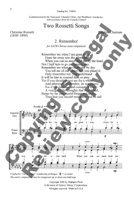 Two Rossetti Songs: 2. Remember - Rossetti/Chatman - SATB