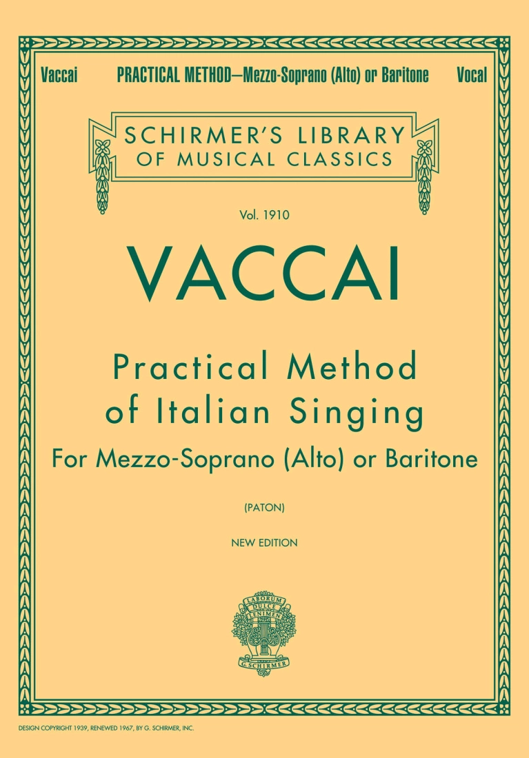 Practical Method of Italian Singing - Vaccai/Paton - Mezzo-Soprano (Alto) or Baritone - Book